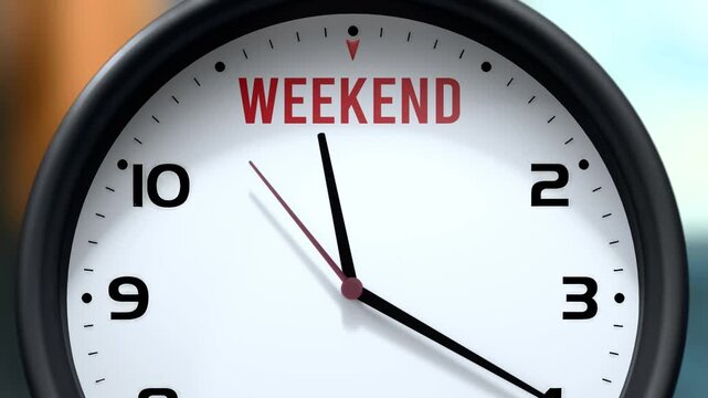 Weekend that is going to happen soon. Upcoming weekend, approaching in the near future. Weekend almost here, in a short time - a clock symbolizes a reminder that weekend is near.