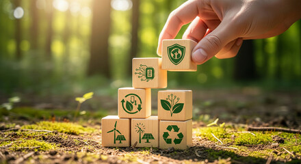 Wooden cubes with environmental protection icons arranged outdoors to represent climate action and green technology initiatives.