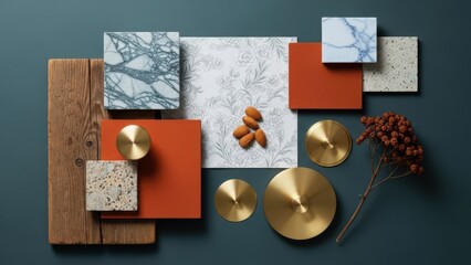 Curated interior design mood board featuring diverse material samples for modern home aesthetics, creating a sophisticated palette.