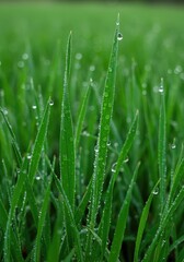 Extreme close-up of vibrant green field texture covered in tiny water droplets, creating a fresh, damp, and highly detailed natural backdrop ,close up ,tranquil ,detail