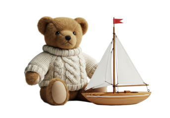 vintage brown teddy bear wearing a cream cable knit sweater next to a pine wooden toy sailboat, macro detail, high-key studio shot against a white background. concept of profound nostalgia and