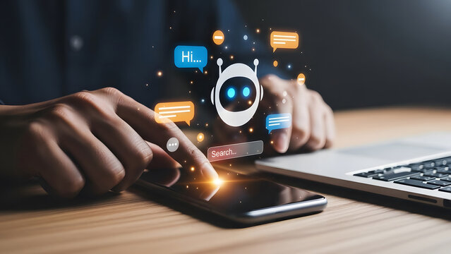 Ai chatbot interacting with user via smartphone and laptop - Powered by Adobe