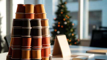 Holiday cheer in the office! A creative tower of paper cups stands tall against a festive Christmas tree backdrop, sparking joy and camaraderie among coworkers.