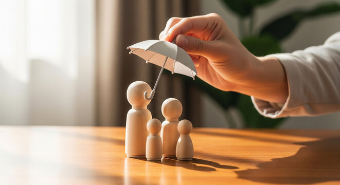 Conceptual image of wooden peg family receiving protection under a small umbrella representing health coverage and life insurance.