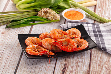 Delicous boiled tiger prawn with sauce
