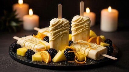 Assortment of creamy white chocolate or vanilla popsicles drizzled with white stripes, served on a platter with fresh blackberries and orange slices, illuminated by soft candlelight