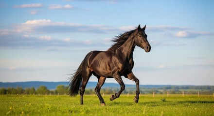 Obraz premium A magnificent black horse gallops freely across a vibrant green grassy field under a bright blue sky with scattered clouds