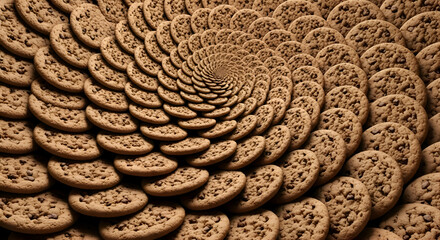 Delicious chocolate chip cookies arranged in captivating spiral pattern for baking blogs or creative dessert promotions that evoke warmth and indulgence