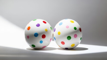 Two white spheres adorned with vibrant, multicolored polka dots, casting soft shadows on a bright clean background.