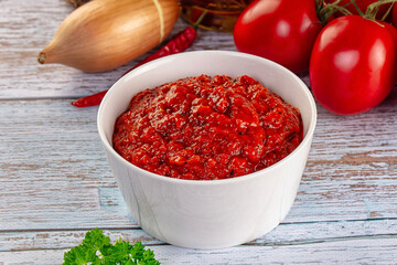Bulgarian traditional lutenica pepper sauce