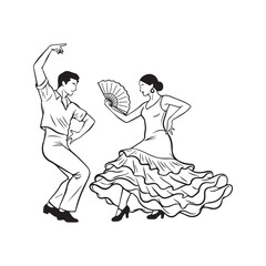 Continuous line drawing of Spanish Flamenco dancers. Vector minimalist couple dancing with traditional fan and ruffled dress illustration.
