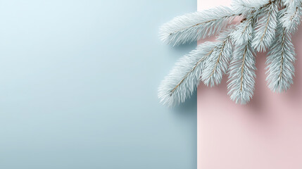 Frosted evergreen branch with soft blue and pink background, creating a serene winter atmosphere, perfect for seasonal designs and holiday themes with copy space