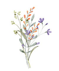 Watercolor flowers decor for stationary, greetings, etc. Bouquet, floral decoration. Hand drawing.