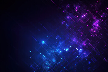 An abstract digital background featuring vibrant blue and purple lights with geometric patterns, representing a modern tech - inspired visual.