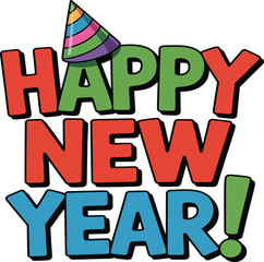 Cute Cartoon Happy New Year Typography  Colorful Celebration Text