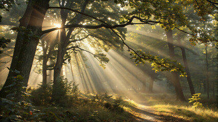 Sunbeams shining through a misty forest path at sunrise
