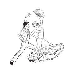 Continuous line drawing of Spanish Flamenco dancers. Vector minimalist couple dancing with traditional fan and ruffled dress illustration.
