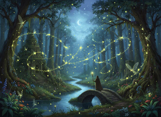 月明かりに照らされた幻想の森で妖精の光が舞う神秘的な風景