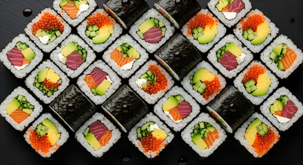 Delicious sushi rolls with salmon, tuna, avocado, and roe arranged on dark platter for vibrant restaurant menu or catering service advertisement