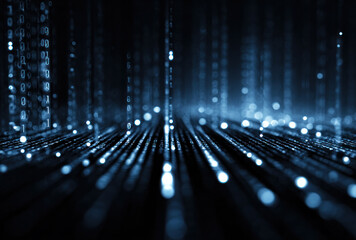 A close-up view of digital data streams and binary code, symbolizing advanced technology and information processing.