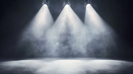 Empty stage with spotlights on dark gray background with subtle mist, dramatic lighting and shadows, ideal for high-end events like fashion shows, art exhibitions and corporate gatherings.
