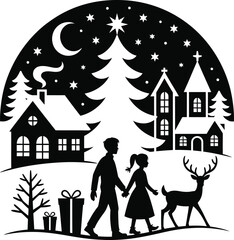Winter night village scene silhouette  church house kids & deer christmas design