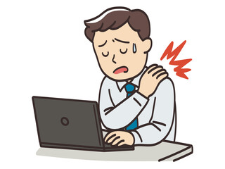 デスクワークで肩こりに悩む男性ビジネスマンのイラスト