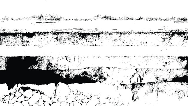 black and white land cross-section grunge texture, grass on top of layered rock, distressed earth strata overlay