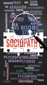 Sociopathy under magnifying glass, being researched, studied and examined. Most important subjects and ideas related to sociopathy written around a puzzle to symbolize complexity of sociopathy.