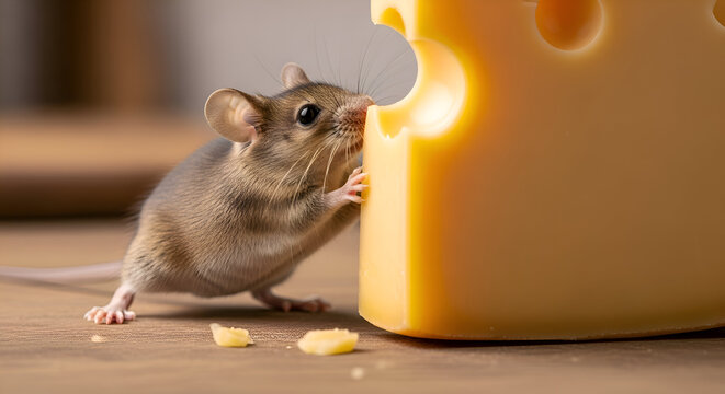 Curious mouse with tiny paws eagerly nibbling a large chunk of delicious Swiss cheese, a delightful close-up capturing nature's charm and temptation
