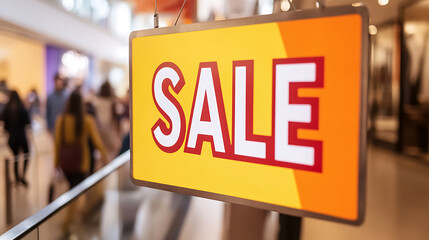 Attention shoppers! A bright, eye-catching sale sign hangs in the mall, beckoning bargain hunters to explore discounts and deals, amidst a bustling crowd. Don't miss out!