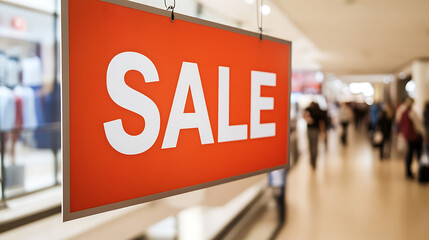 Bold announcement in a busy shopping center. A vibrant orange sign with the word SALE in big white letters hangs above a bustling corridor, inviting shoppers to explore discounts and bargains.