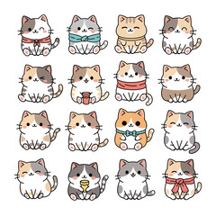 Adorable cute cat illustrations set, a delightful array of kawaii kitties showcasing soft pastel colour palettes and charming poses, perfect for playful designs