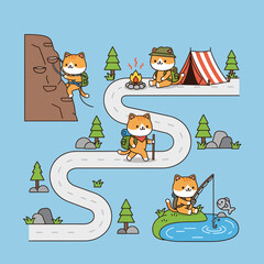 A charming and cute pastel colour illustration showcasing kawaii cats enjoying various outdoor adventures, from rock climbing to fishing and camping, perfect for playful designs and creative projects