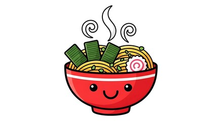 Cheerful cartoon ramen bowl with soft steam curls and bold colors, great for food apps, posters, and playful branding materials.