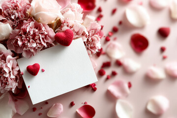 Valentines Day. Romantic floral arrangement with blank card and decorative hearts for special occasions