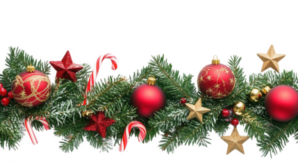 Festive Christmas garland border featuring red ornaments gold stars candy canes and pine branches on black on transparent background