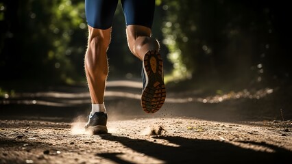 Runner s legs in motion on a dusty forest trail at sunset