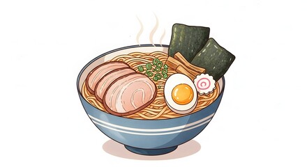 Cute pastel ramen bowl artwork with gentle color washes and soft outlines, ideal for Japanese food branding, packaging,