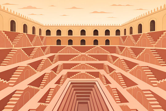 Abstract minimalist Chand Baori stepwell, repetitive pattern focus, warm symmetry