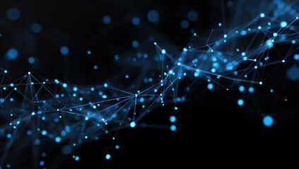 An abstract digital network with glowing blue nodes and connecting lines representing data flow.