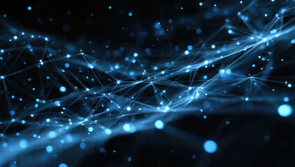 An abstract image showing network connections with glowing nodes on a dark background, representing digital technology and connectivity.