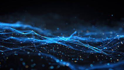 Abstract digital network with glowing blue lines representing technology and data connections.