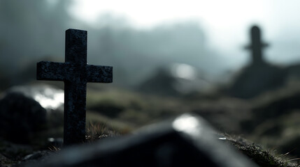 A cross-shaped headstone stands silently in a graveyard, enveloped by a thick fog. The scene evokes a sense of sorrow and remembrance, a place for honoring the departed.