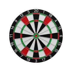 hyper-photorealistic regulation bristle dartboard with vibrant red, green, black sectors and sharp silver wire details, isolated on a transparent studio backdrop. concept of technical perfection