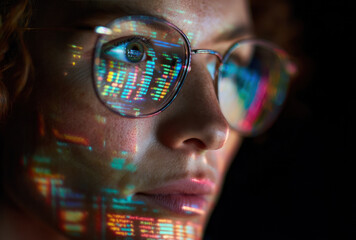 A woman with glasses has colorful digital code reflected on her face, highlighting technology and modern visual effect.