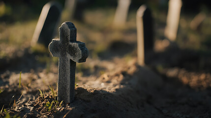 A stone cross stands serenely in a graveyard, illuminated by the gentle light of the setting sun, a testament to remembrance and the passage of time. Tranquil scene.