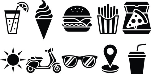 Set of black food and travel icons including drinks, fast food, sun, scooter, sunglasses and location marker in simple vector style