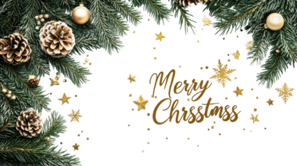 Elegant golden merry christmas greeting framed by frosted pine branches with pinecones and sparkling ornaments on transparent background