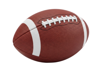 Detailed close-up of a brand new, deep brown pebbled leather american football with thick white laces, isolated on a transparent background with ample copy space. Concept of american sports and